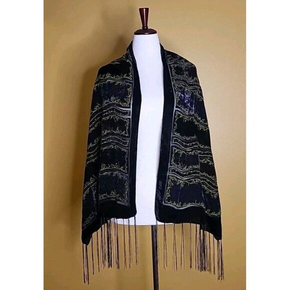 Unbranded Accessories - Scarf Shawl Velvety Burnout Stripe Tassled Black Purple Gold Womens 62 X 20